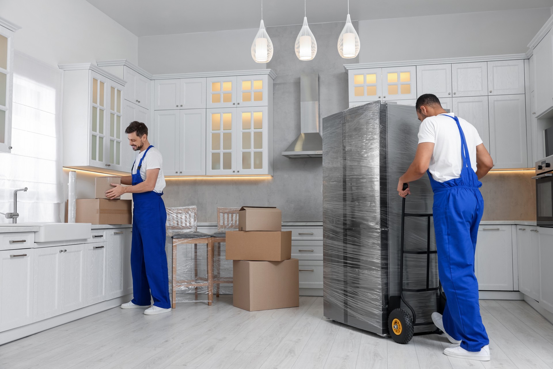 Male movers with cardboard boxes and refrigerator in new house